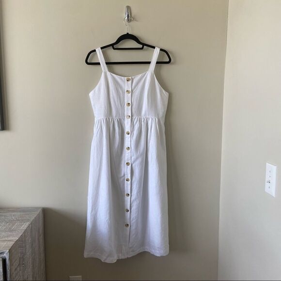 Gap-linen Blend Button Down White Midi Dress (Size:Medium) - Picture 1 of 11